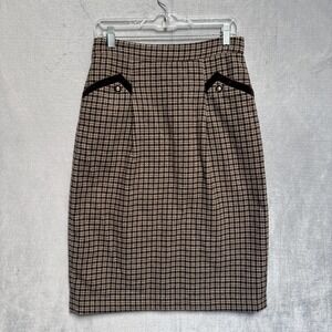 Simple Retro Skirt Womens Large Brown Check Tweed Wool Pencil Midi Lined Work